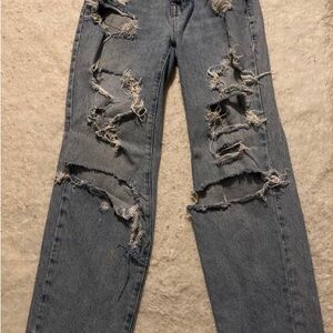 PacSun Blue Straight Leg Jeans with Distressed Details